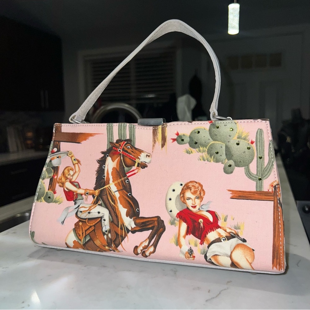 Rare Alexander Henry Rockabilly Pink Cowgirl Rhinestone Structured Handbag